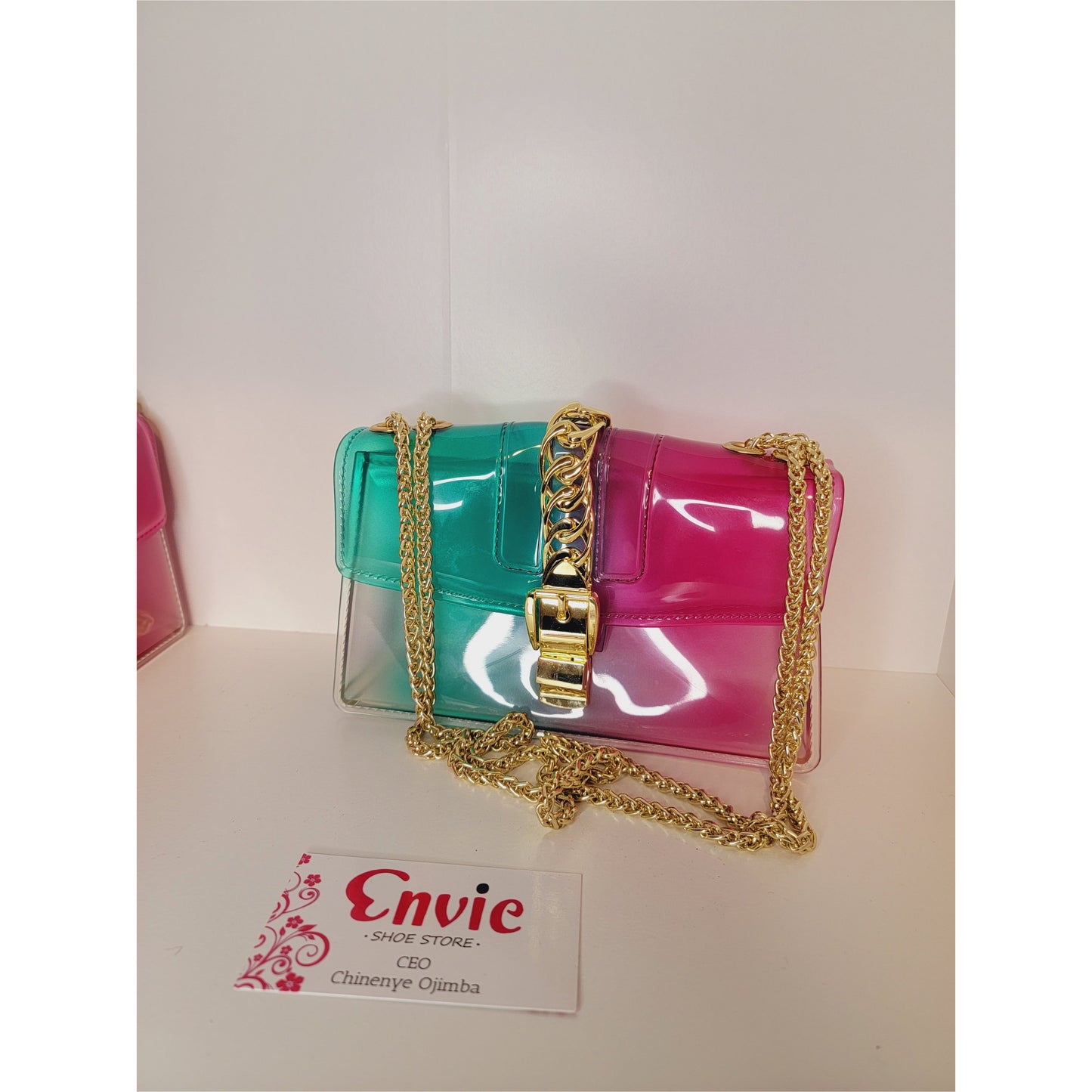 PVC Transparent Handbag- Pink+Green